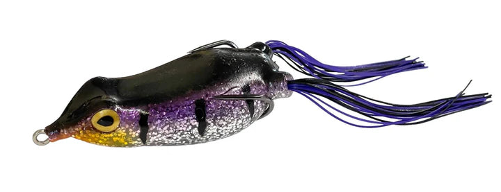 Fishing lure with purple and black body on a white background