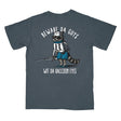 Gray t-shirt with a raccoon graphic and text on the back
