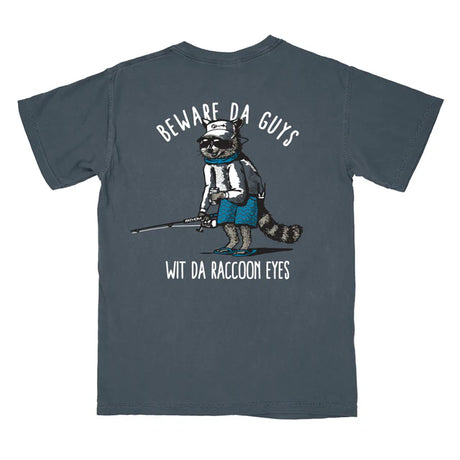 Gray t-shirt with a raccoon graphic and text on the back