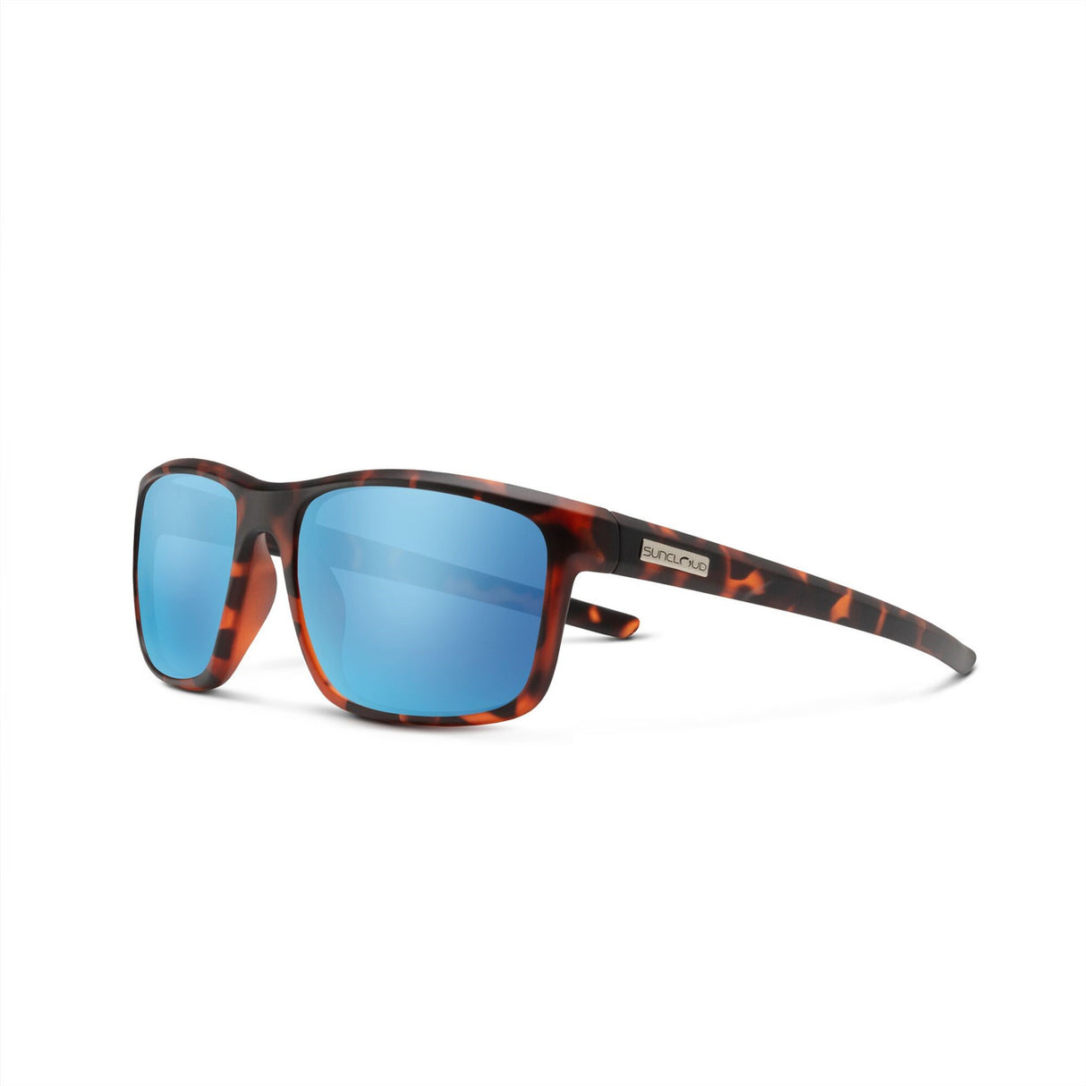 Sunglasses with tortoiseshell frame and blue lenses on a white background