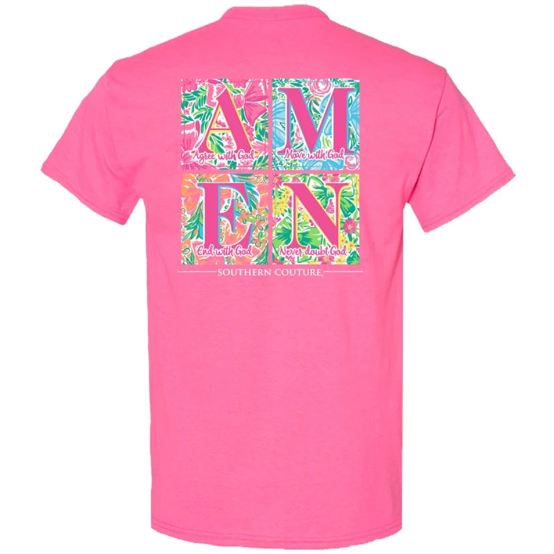 Southern Couture Classic Pattern Square Amen Tee - Safety Pink