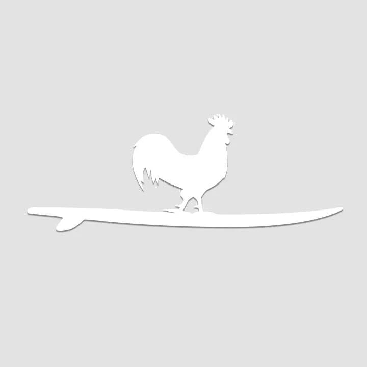 White silhouette of a rooster on a white surfboard against a gray background