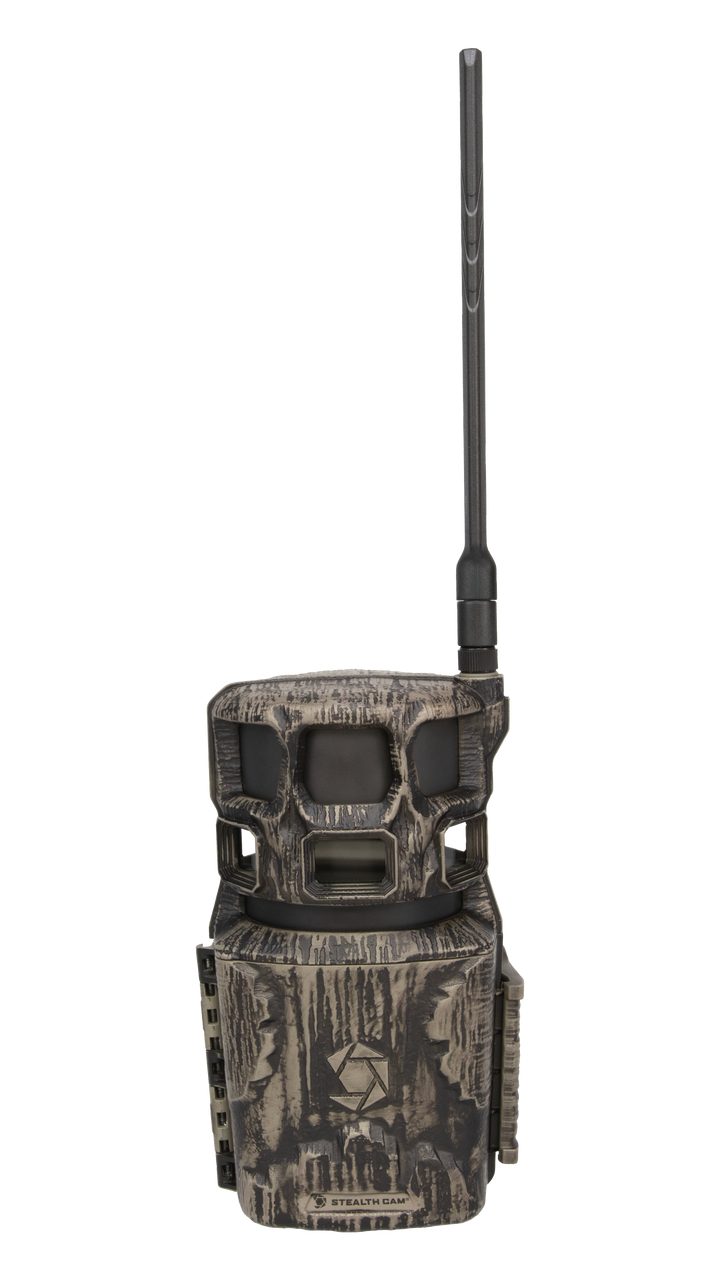 Camouflage hunting camera with antenna on a white background