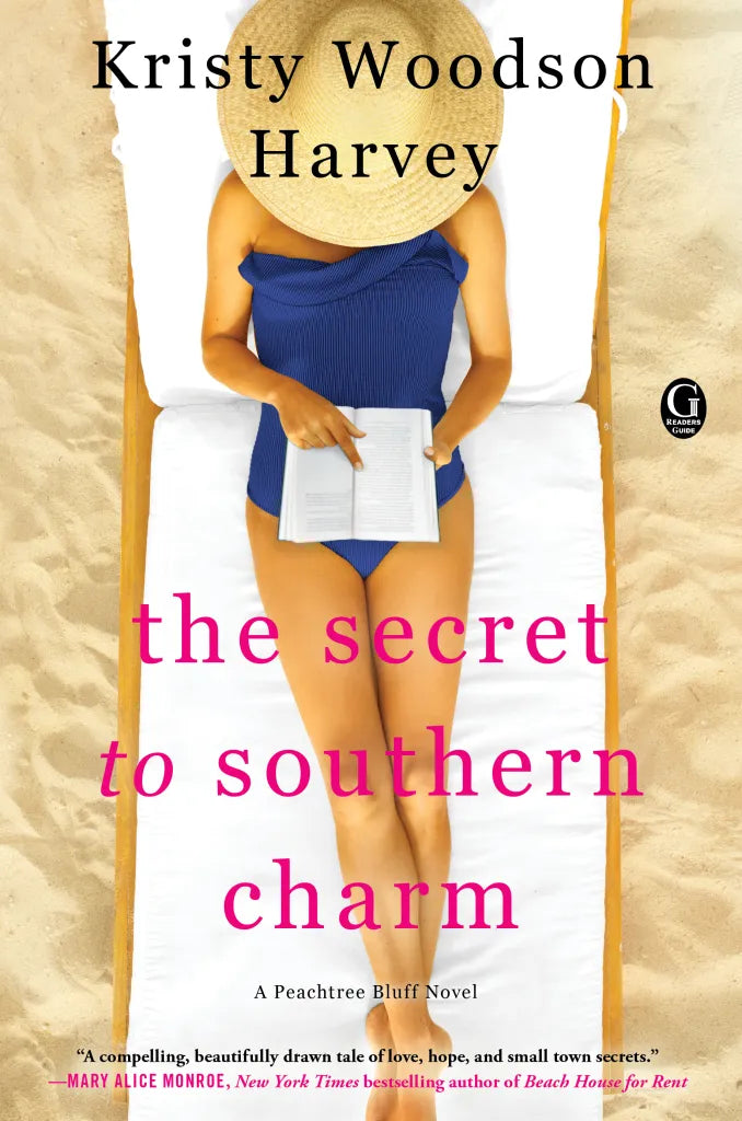 Book cover of 'The Secret to Southern Charm' by Kristy Woodson Harvey, featuring a woman in a blue swimsuit on a beach.