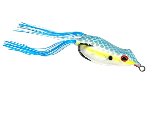 Fishing lure with blue and yellow colors on a white background