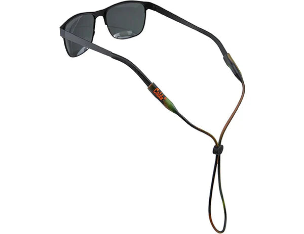 Sunglasses with a colorful cord on a white background