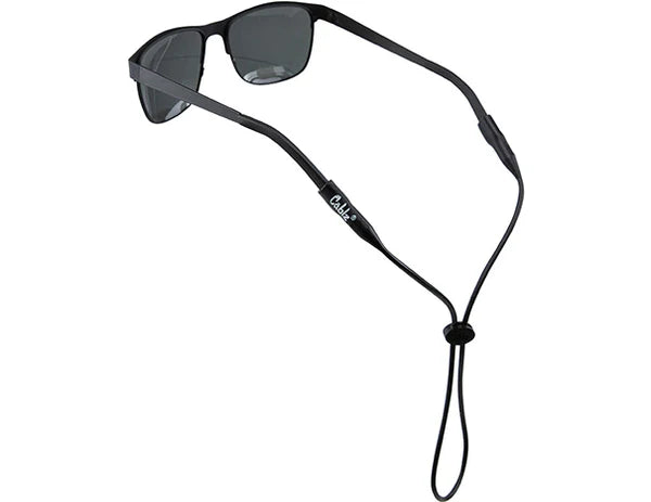 Sunglasses with a black cord on a white background