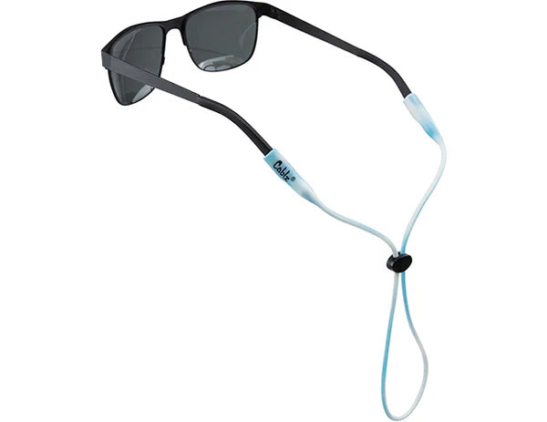 Sunglasses with a blue and white cord on a white background