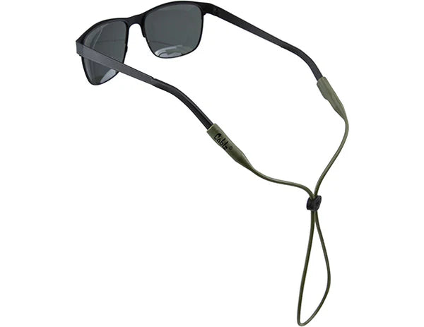 Sunglasses with a green strap on a white background