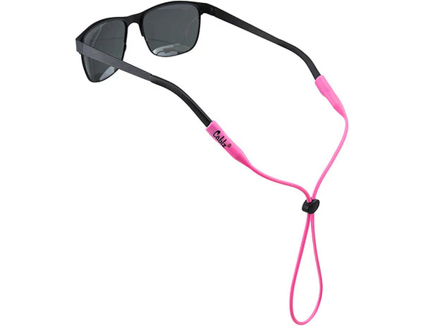 Sunglasses with a pink cord on a white background