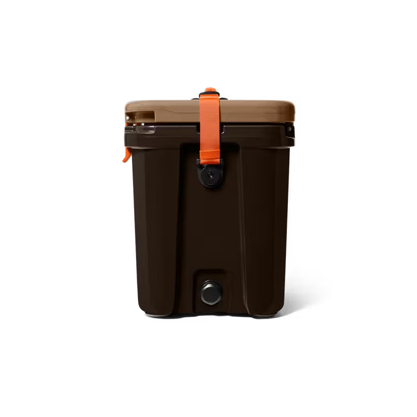 Brown cooler with an orange handle on a white background