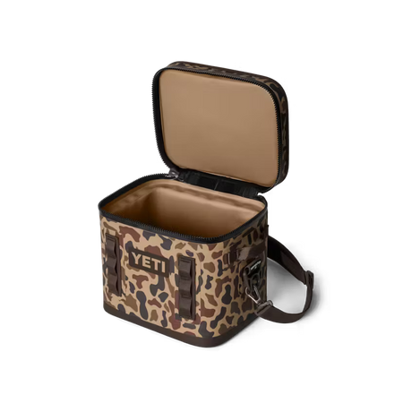 Camouflage cooler bag with YETI logo on a white background