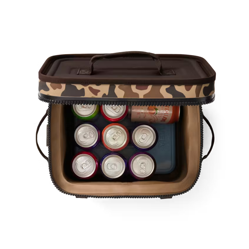 Camouflage-patterned cooler with drinks inside on a white background
