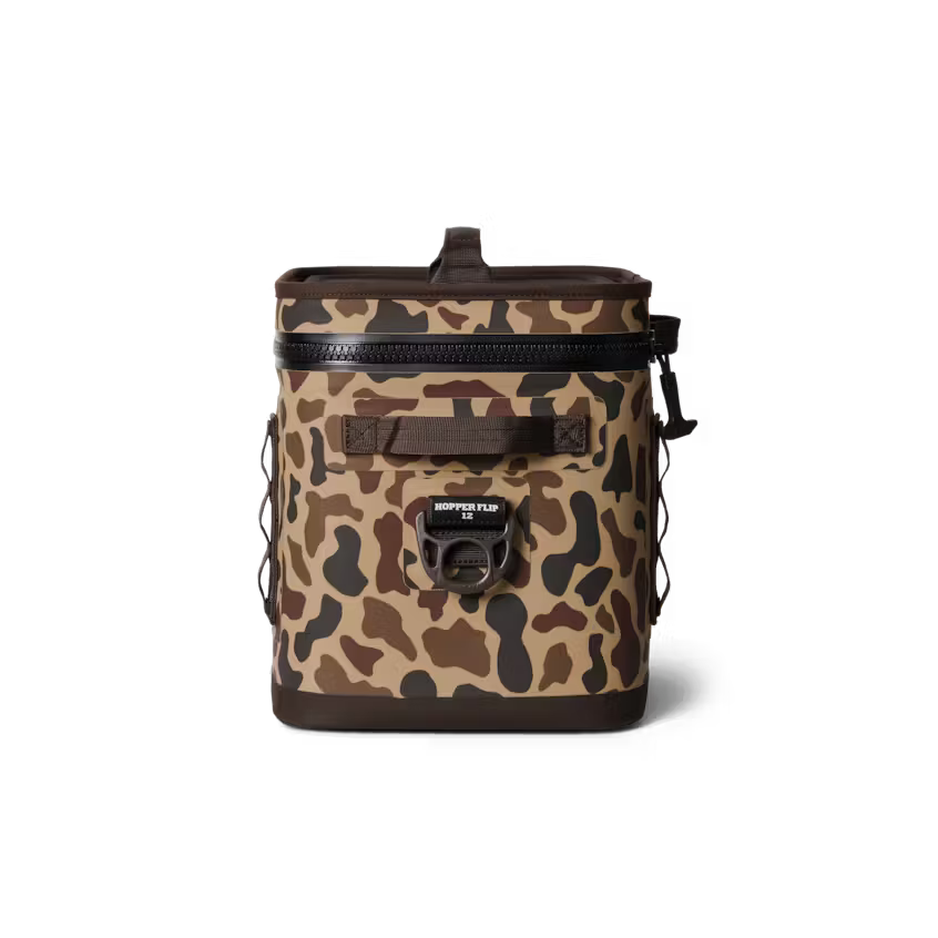 Camouflage-patterned backpack on a white background