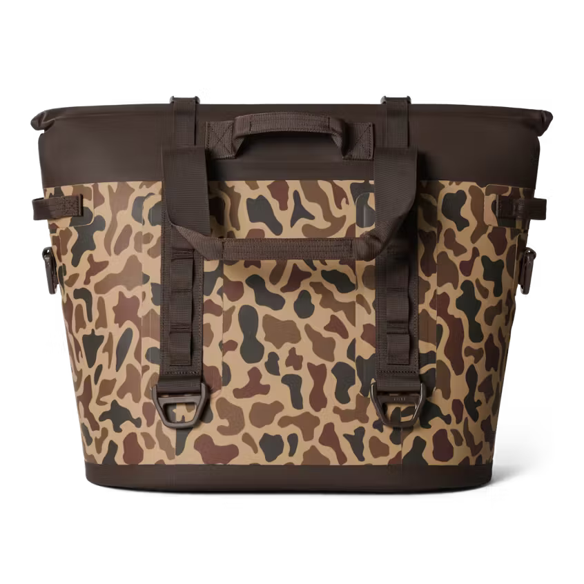 Camouflage-patterned cooler bag with brown accents on a white background