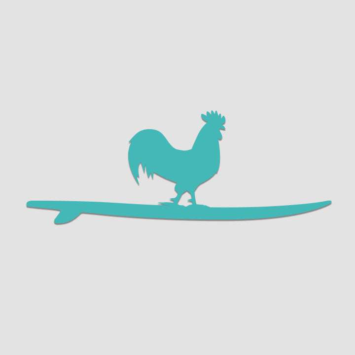 Turquoise silhouette of a rooster on a surfboard against a light gray background
