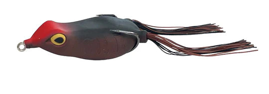 Fishing lure with red head and black body on a white background