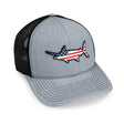 Gray and black trucker hat with American flag shark design on a white background