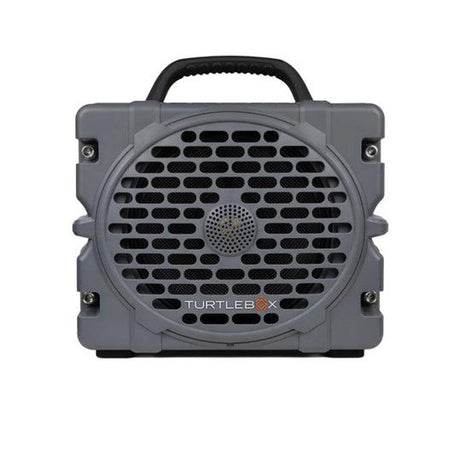 Gray portable speaker with a handle on a white background, featuring the Turtle Beach logo.