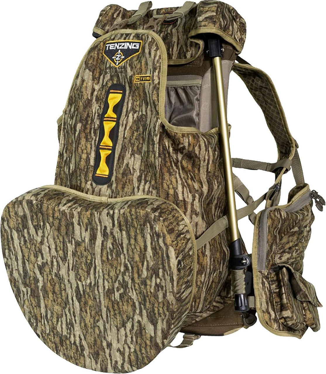 Camouflage backpack with a visible brand logo on a white background