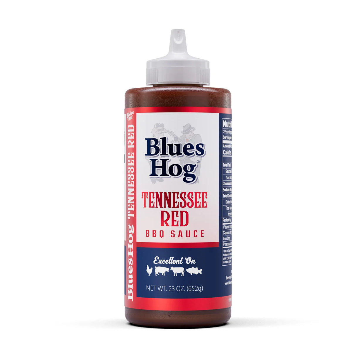 Bottle of Blues Hog Tennessee Red BBQ Sauce on a white background