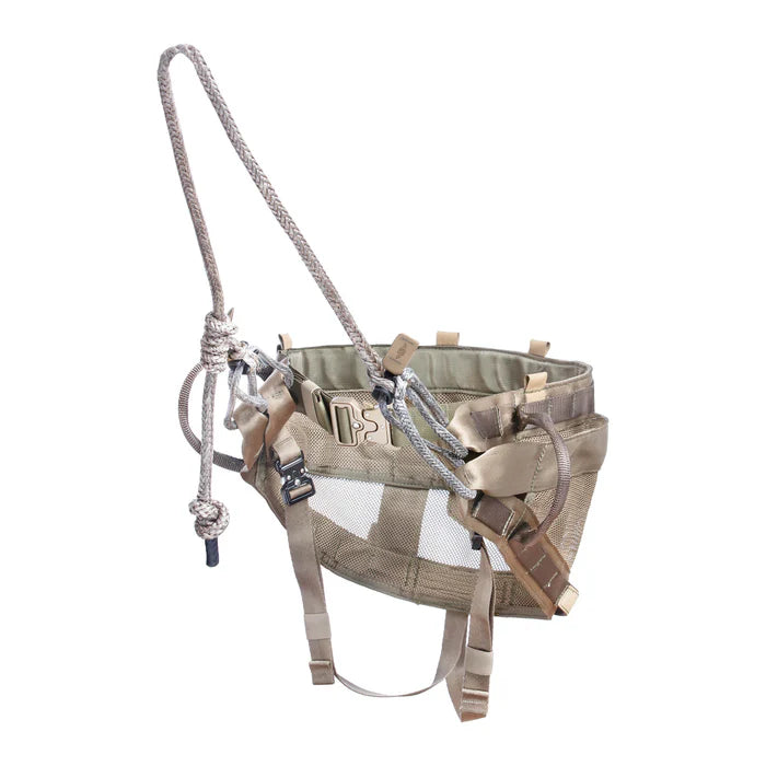 Camo-style climbing harness with rope on a white background