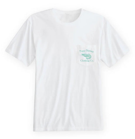 White t-shirt with a logo on the chest against a white background