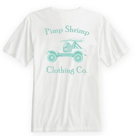 White t-shirt with teal graphic and text on a white background