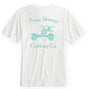 White t-shirt with teal graphic and text on a white background