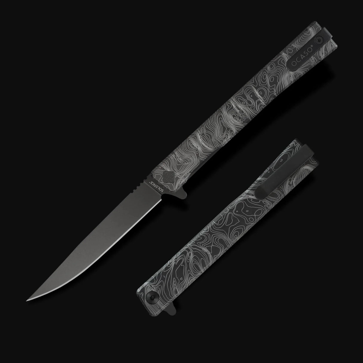 Ocaso Engraved Titanium Solstice - Topo + Black Blade Knife