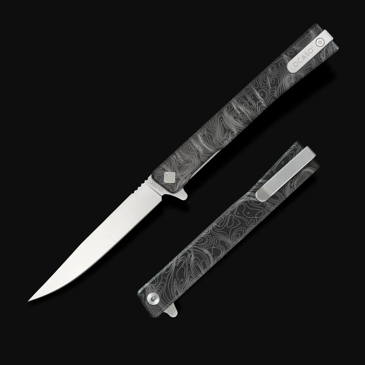 Ocaso Engraved Titanium Solstice - Topo + Satin Blade Knife
