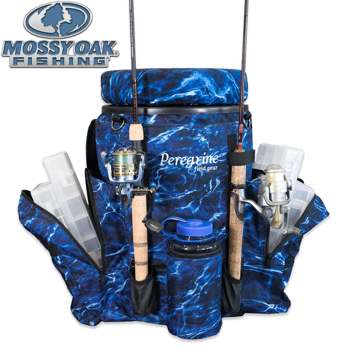 Fishing gear set with blue camouflage bag, rods, and tackle on a white background, featuring Mossy Oak Fishing logo.