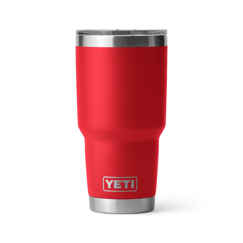 Red YETI tumbler with a silver lid on a white background