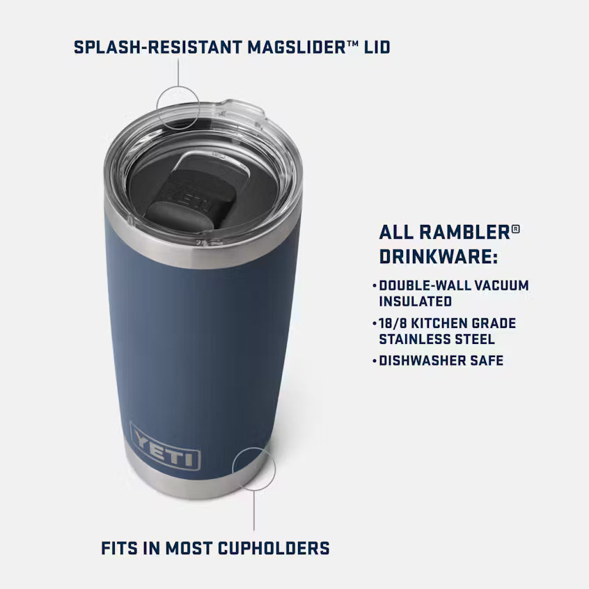 Blue YETI tumbler with text highlighting features on a white background