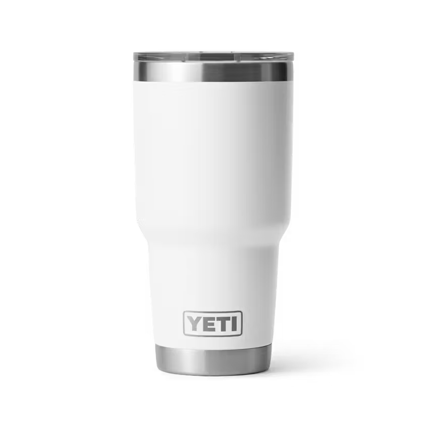 White YETI tumbler with a silver rim on a white background