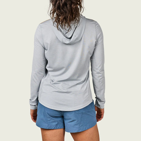 Person wearing a light gray hoodie and blue shorts on a white background