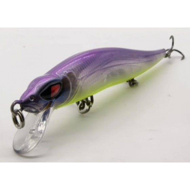 Purple and yellow fishing lure on a white background