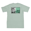 Light green t-shirt with a graphic design on the back featuring a fish and text, on a white background.