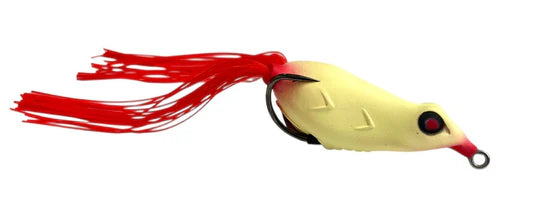 Yellow and red fishing lure on a white background
