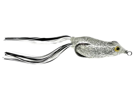 Fishing lure with a silver and black design on a white background