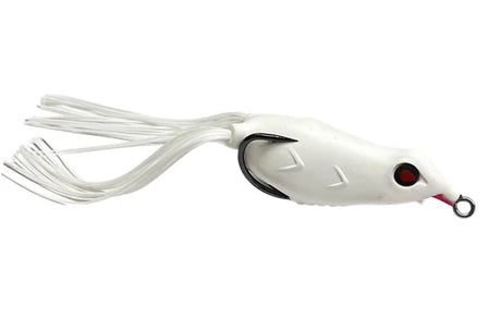 White fishing lure with red eye and black accents on a white background