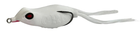 White fishing lure with a red eye and black accents on a white background