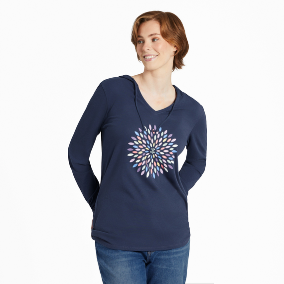 Life Is Good Women's Pretty Flower Burst Long Sleeve Crusher-LITE Hooded Tee