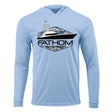 Light blue hoodie with Fathom Offshore logo on a white background