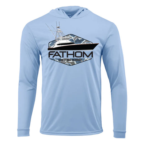Light blue hoodie with Fathom Offshore logo on a white background