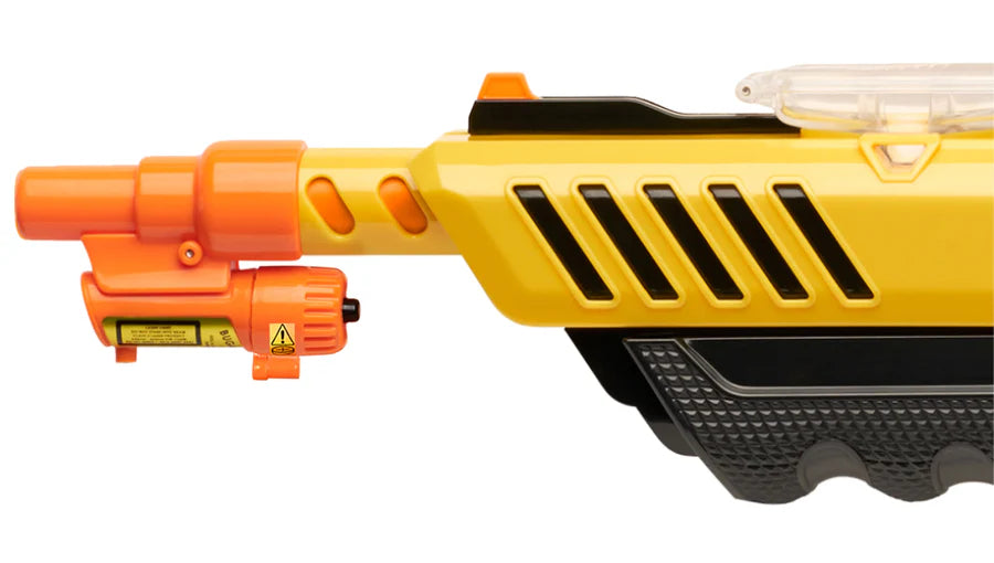 Yellow and orange bug gun with black accents on a white background