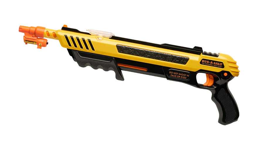 Yellow and black bug gun with orange accents on a white background