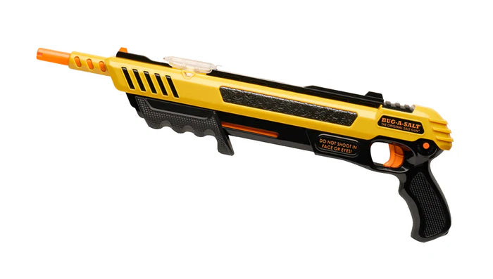 Yellow and black bug gun with orange accents on a white background