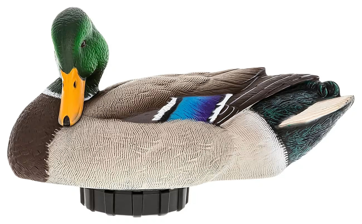 Duck decoy with a green head and brown body on a white background