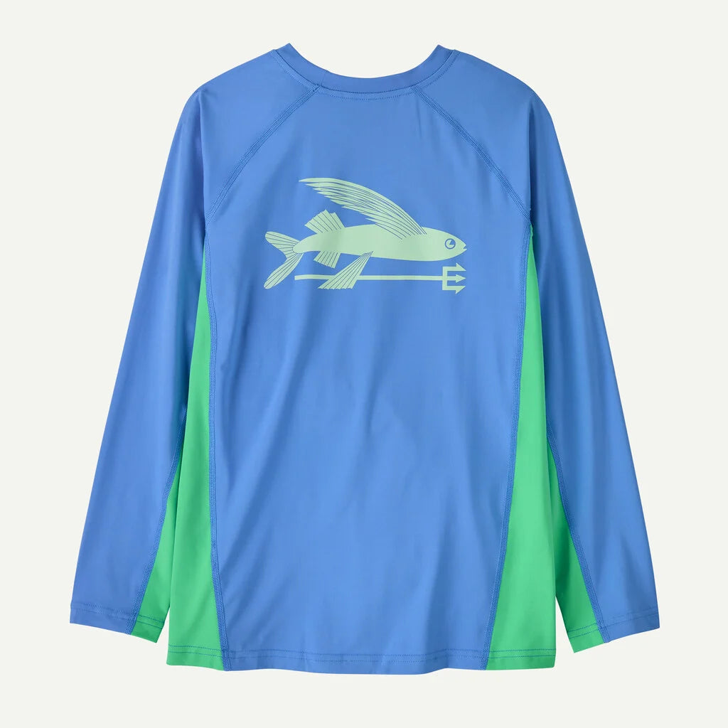 Blue and green long-sleeve shirt with a fish graphic on a light gray background